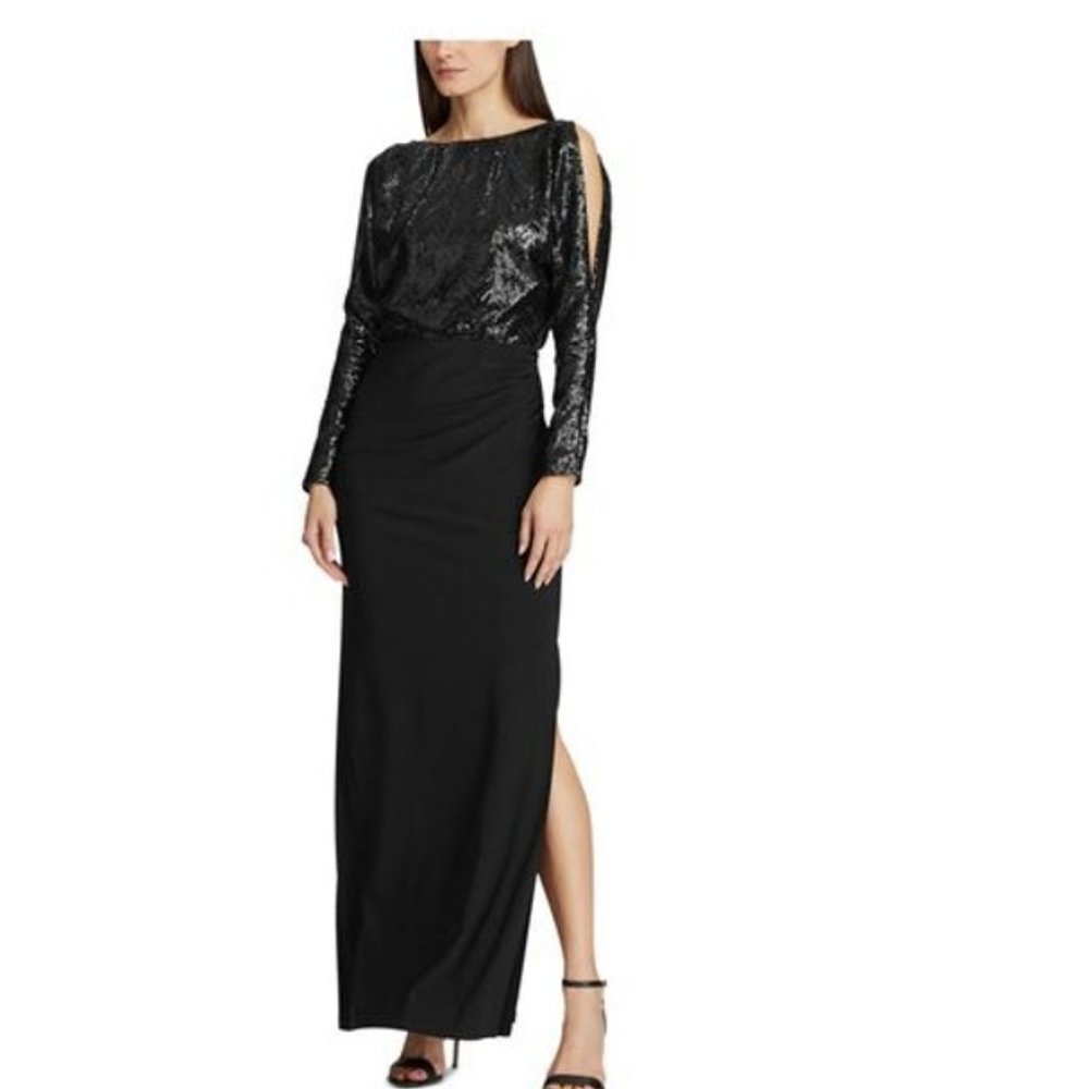 RALPH LAUREN Black Sequined Maxi Sheath Evening 2